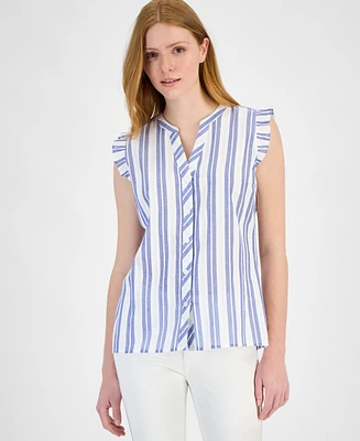 Tommy Hilfiger Women's Cotton Textured-Stripe Ruffled Shirt