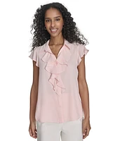 Calvin Klein Petite Solid Ruffle-Front Blouse