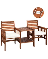 Gymax Patio Outdoor Conversation Set Acacia Wood Loveseat w/ Cushion Table