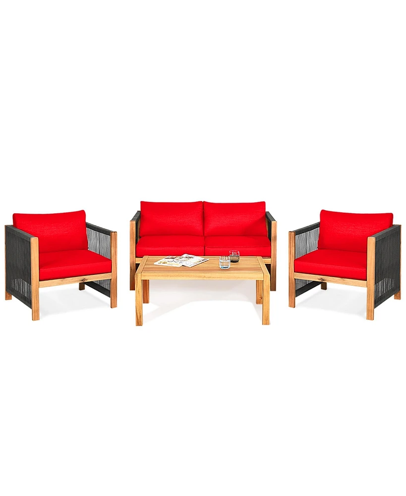 Gymax 4PCS Patio Outdoor Furniture Conversation Set Acacia Wood W/ Cushions