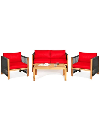 Gymax 4PCS Patio Outdoor Furniture Conversation Set Acacia Wood W/ Cushions