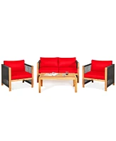 Gymax 4PCS Patio Outdoor Furniture Conversation Set Acacia Wood W/ Cushions
