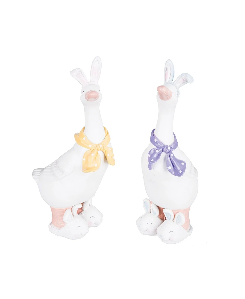 Geese w/ Easter Bunny Ears Cute Decorative Figure Figurine Figure Figurines, Set of 2