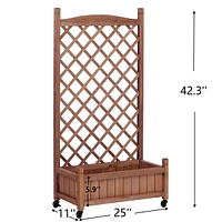 Outdoor Patio Wood Raised Garden Bed Planter Box with Trellis, Wheels, Brown, Set of 2