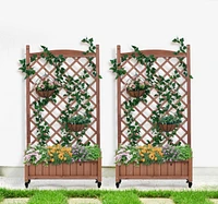 Outdoor Patio Wood Raised Garden Bed Planter Box with Trellis, Wheels, Brown, Set of 2