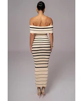 Jluxlabel Women's Ivory Off The Shoulder Striped Dress