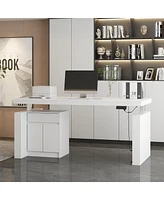 Famapy L-Shaped 70.9 in. W Adjustable Height Desk Ergonomic Stand-up Desk White Home Office Sit with Memory Preset Controller