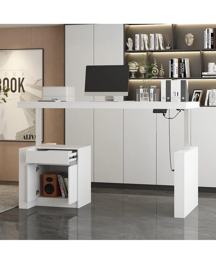 Famapy L-Shaped 70.9 in. W Adjustable Height Desk Ergonomic Stand-up Desk White Home Office Sit with Memory Preset Controller