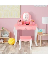 Kids Vanity Princess Makeup Dressing Table Stool Set with Mirror and Drawer