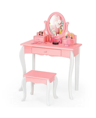 Kids Vanity Princess Makeup Dressing Table Stool Set with Mirror and Drawer
