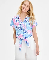 Charter Club Women's Floral-Print 100% Linen Tie-Front Top, Exclusively at Macy's