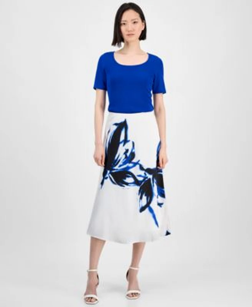 Anne Klein Womens Sweater Top Floral Midi Skirt