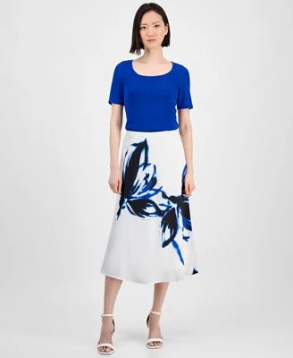 Anne Klein Womens Sweater Top Floral Midi Skirt