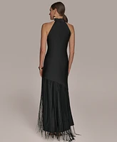 Donna Karan New York Women's High-Neck Fringe-Trim Gown
