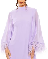 Mac Duggal Women's High Neck Cape Sleeve Mini Dress with Feather Trim