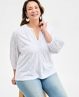 Style & Co Plus Solid Split-Neck Eyelet Top, Exclusively at Macy's
