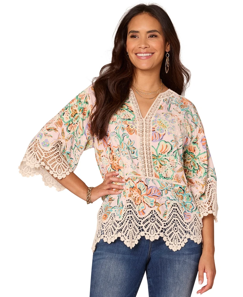 Democracy Petite Floral-Print Scalloped-Hem Crochet Top