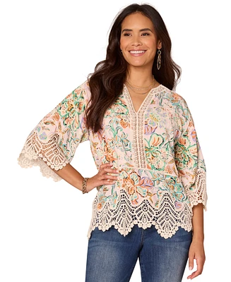 Democracy Petite Floral-Print Scalloped-Hem Crochet Top