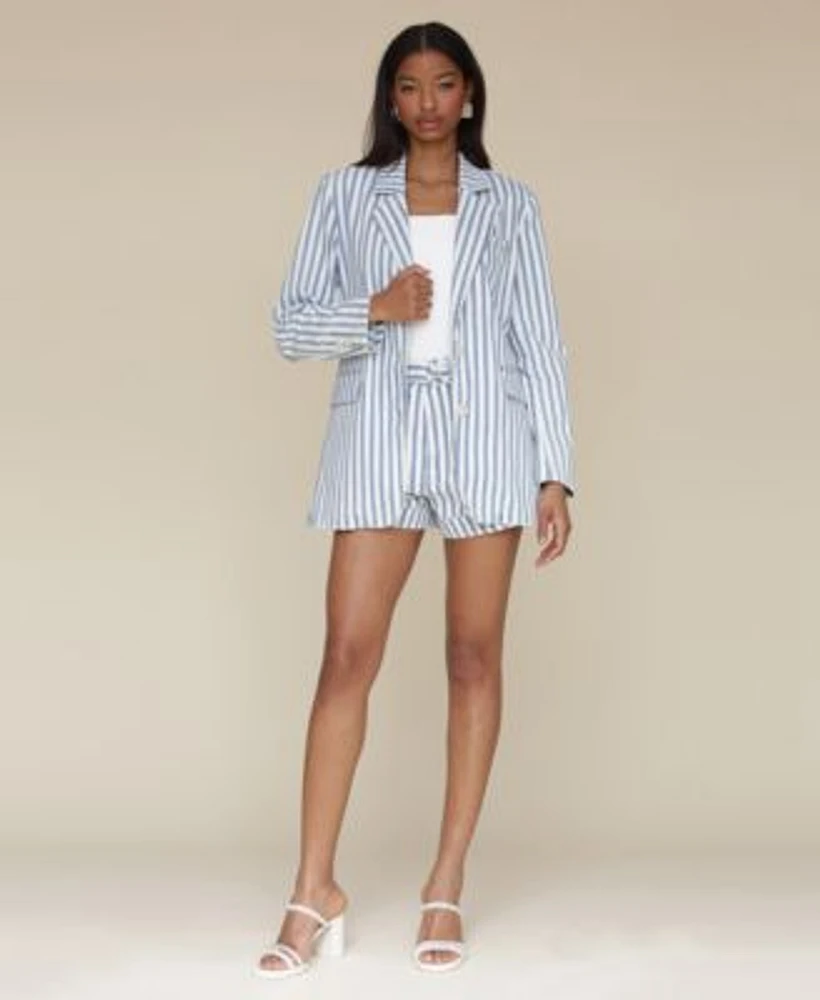 Avec Les Filles Womens Oversized Striped Blazer Belted Cuffed Striped Shorts