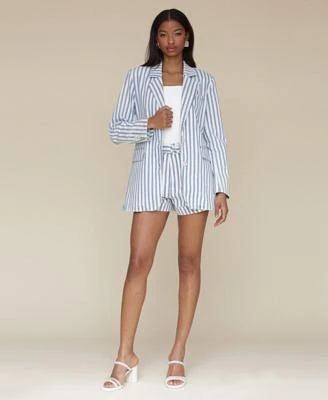 Avec Les Filles Womens Oversized Striped Blazer Belted Cuffed Striped Shorts
