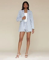 Avec Les Filles Womens Oversized Striped Blazer Belted Cuffed Striped Shorts