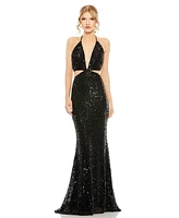 Mac Duggal Women's Cut Out Halter Tie Back Sequin Gown