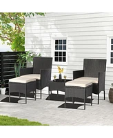 Gymax 5 Piece Patio Rattan Conversation Set Outdoor Wicker Sofa Set with 2 Ottomans