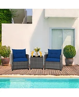 Gymax 3 Piece Patio Rattan Wicker Sofa Set w/ Cushions Glass Tabletop