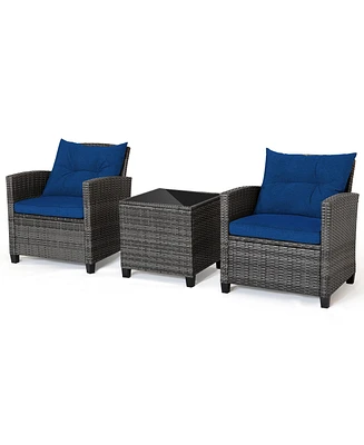 Gymax 3 Piece Patio Rattan Wicker Sofa Set w/ Cushions Glass Tabletop