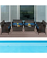 Gymax Set of Outdoor Patio Rattan Conversation Furniture Set w/ Cushion Table