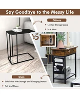 Industrial End Table with Charging Station and Flip Top