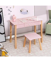 2-in-1 Children Vanity Table Stool Set with Mirror