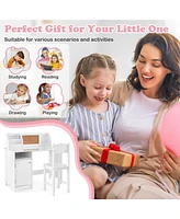 Wooden Kids Study Desk and Chair Set with Storage Cabinet and Bulletin Board