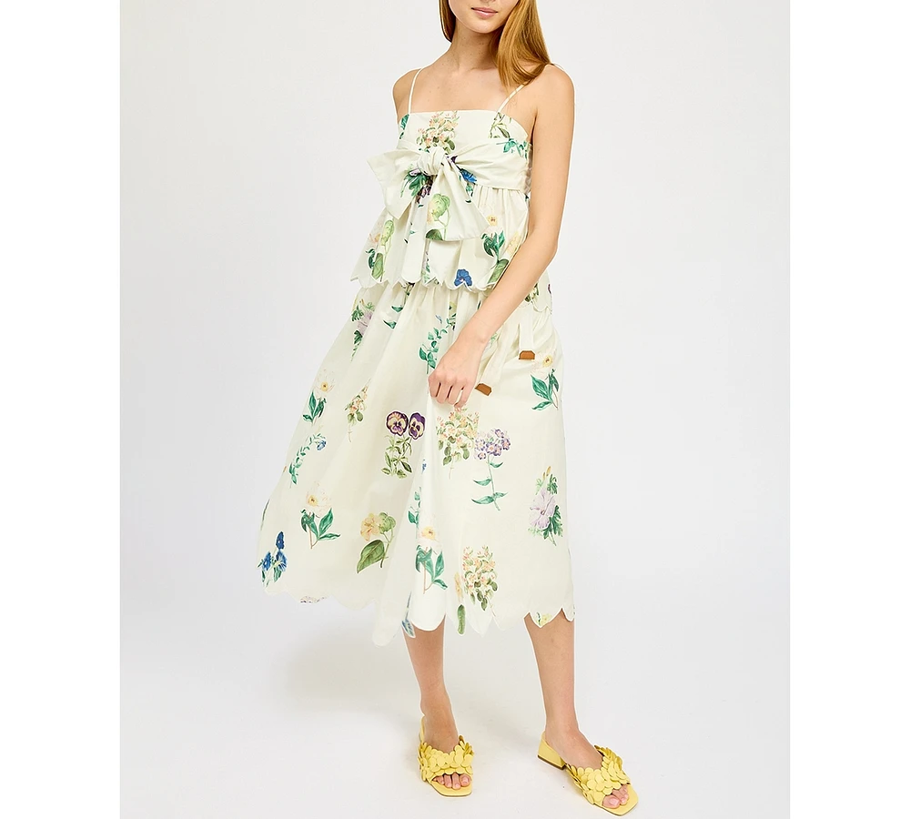 En Saison Women's Ashley Floral-Print Belted Scalloped-Hem Cotton Midi Skirt