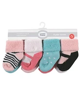 Luvable Friends Baby Boys Grow with Me Cotton Terry Socks, Pink Black Mary Janes, 0-6 and 6-12 Months