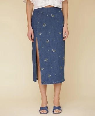 Avec Les Filles Women's Embroidered Denim Midi Skirt