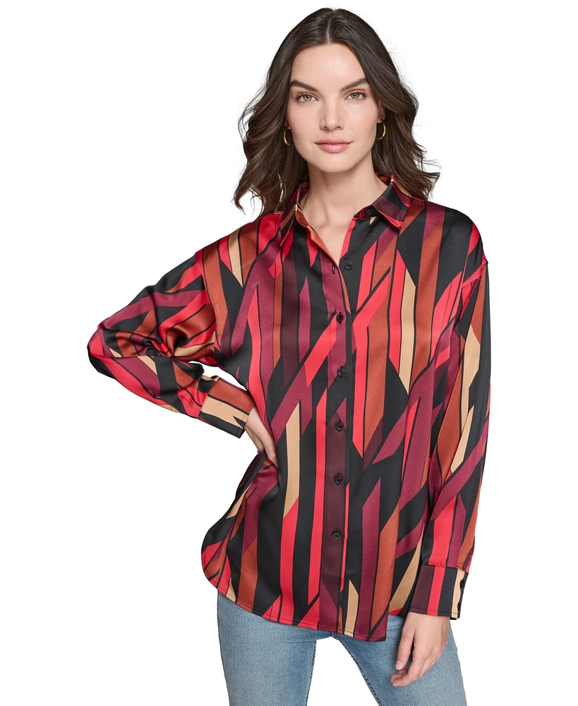 Karl Lagerfeld Paris Women's Oversized Geo-Printed Satin Button-Front Top