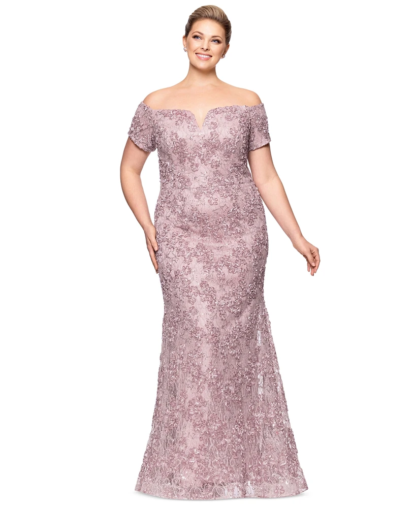 Xscape Plus Short-Sleeve Lace Off-The-Shoulder Gown