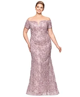 Xscape Plus Short-Sleeve Lace Off-The-Shoulder Gown