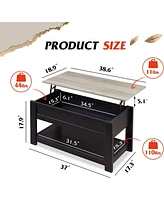 Wlive Modern Rustic Coffee Table with Storage Shelf and Hidden Compartment,Wood Lift Tabletop for Home Living Room,Black,Greige.