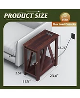 Wlive Narrow End Table with Charging Station of Open Storage Shelf，Sofa Side Table with 2 Usb Ports and 2 Power Outlets，Slim Farmhouse E