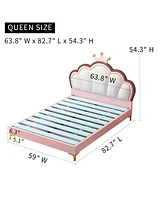 Queen Size Platform Bed Frame with Crown Shaped Headboard, Large Full Children's Bed Frame, Single Double Bed with Pu Leather Headboard