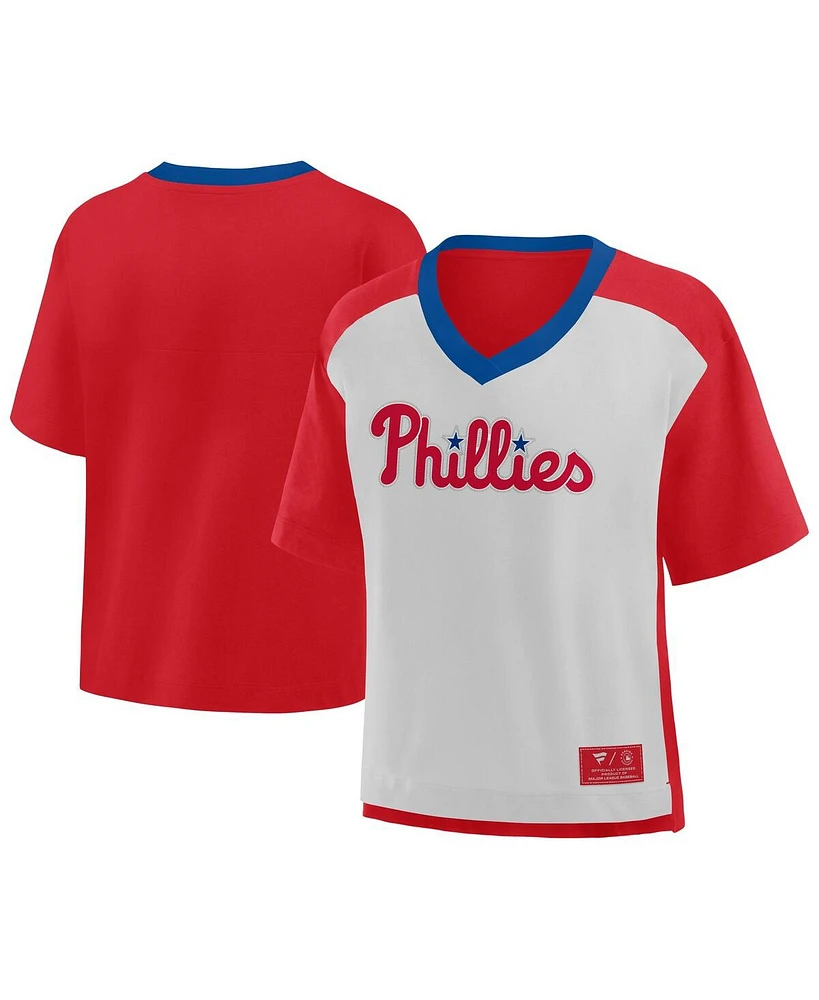 Fanatics Women's Red/Graphite Philadelphia Phillies Oversized Cropped V-Neck T-Shirt