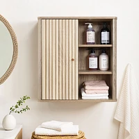 LuxenHome Natural Finish Wave-Patterned Manufactured Wood 1-Door Bathroom Wall Cabinet