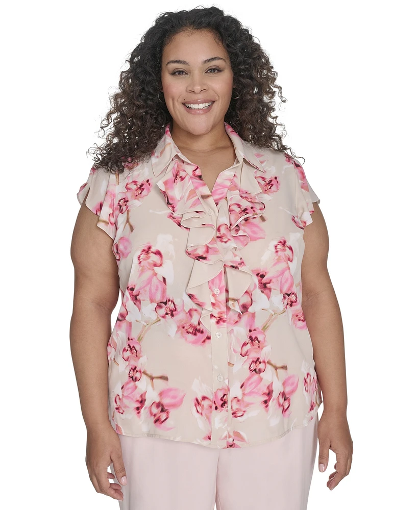 Calvin Klein Plus Floral Ruffle-Front Blouse