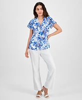 Ak Anne Klein Petite Floral Button-Down Ruffle Blouse