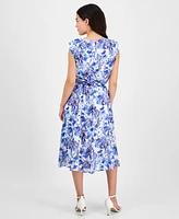 Ak Anne Klein Petite Printed Tie-Waist Cap-Sleeve Midi Dress
