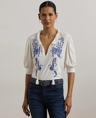 Lauren Ralph Women's Embroidered Jersey Tie-Neck Top