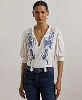 Lauren Ralph Women's Embroidered Jersey Tie-Neck Top
