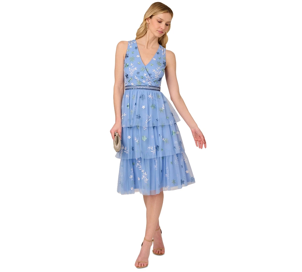 Adrianna Papell Women's Beaded Tiered Mesh Dress